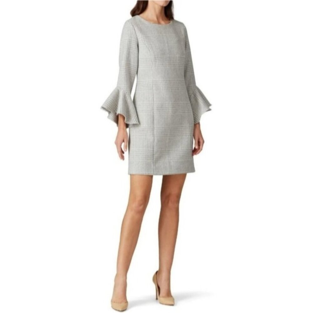 STS Sail to Sable Grey Plaid Ruffle Sleeve Dress Size 6 Wool Blend Career Office